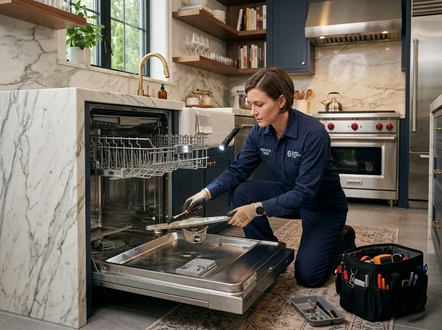 Appliance Repair Hero technician servicing a built-in dishwasher in a Ardsley, NY kitchen
