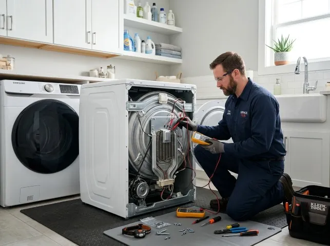 Appliance Repair Hero technician checking a dryer heating element with the rear panel off in Ardsley, NY