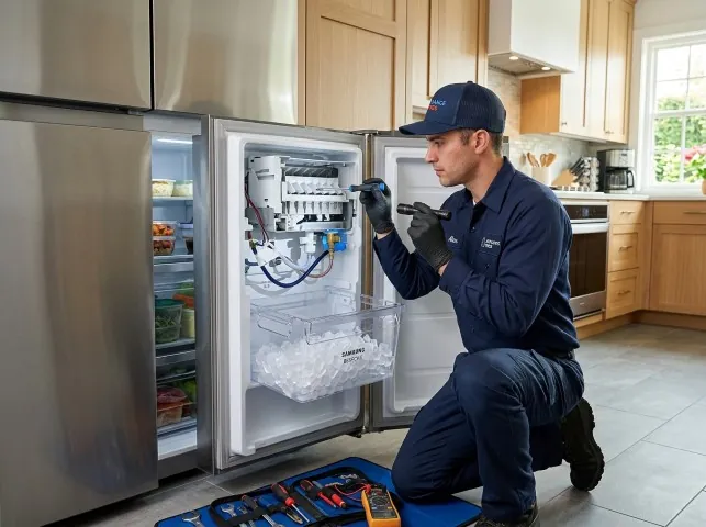 Appliance Repair Hero technician repairing a refrigerator ice maker in Ardsley, NY
