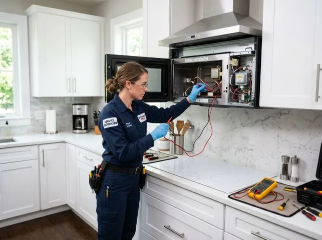 Appliance Repair Hero technician testing an over-the-range microwave in a Ardsley, NY kitchen