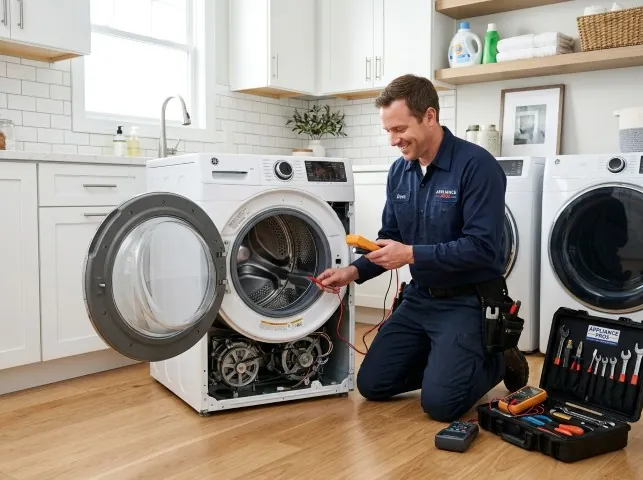 Appliance Repair Hero technician testing a front-load washer with a multimeter on a Ardsley, NY service call